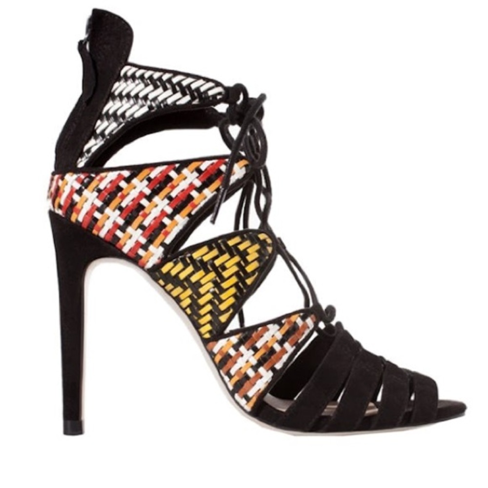 Zara Tribal Ankle Boot Lace up Heels. Colorful Straps with Black Ankle Ties. 6.5